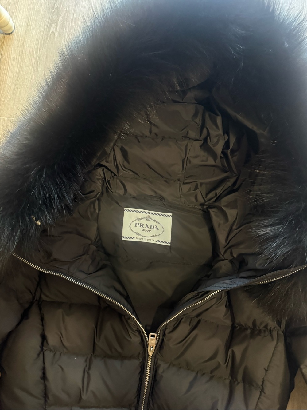 Prada Black Quilted Down Puffer Coat with Fur-Trim Hood - Picture 2 of 6